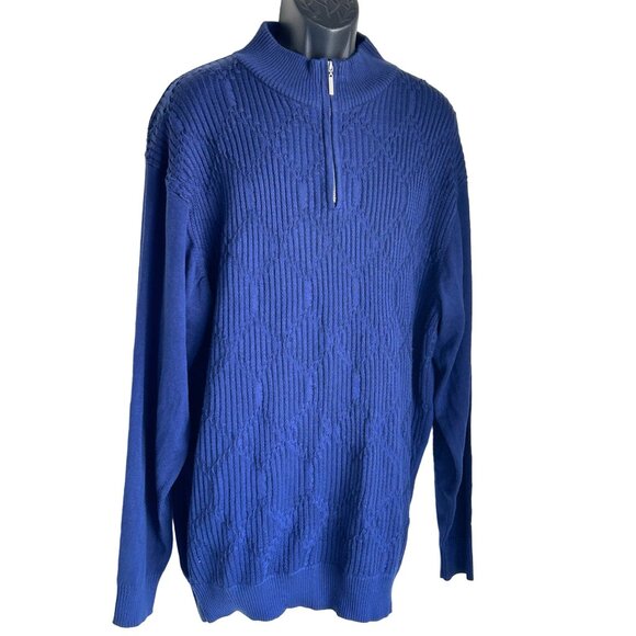 Royal Blue Ribbed Knit Pullover With Quarter Zip & Geometric Texture Design - Picture 3 of 13